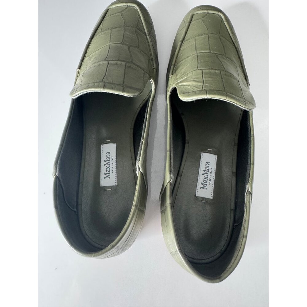 Max Mara Leather Crocodile Print Loafer Flats Green Laris US 8 EU 38 NIB $675 - Picture 9 of 11